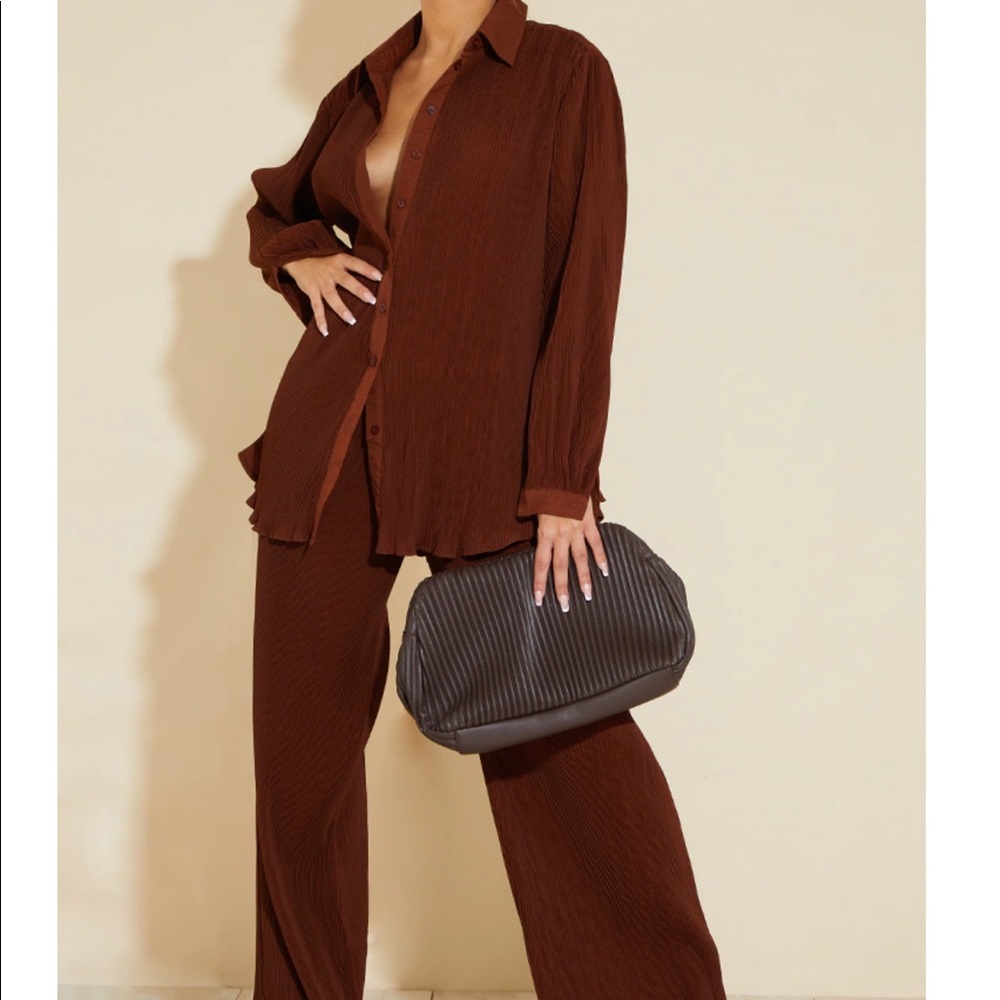 Chocolate Brown Plisse High Waisted Wide Leg Pants & matching oversized shirt